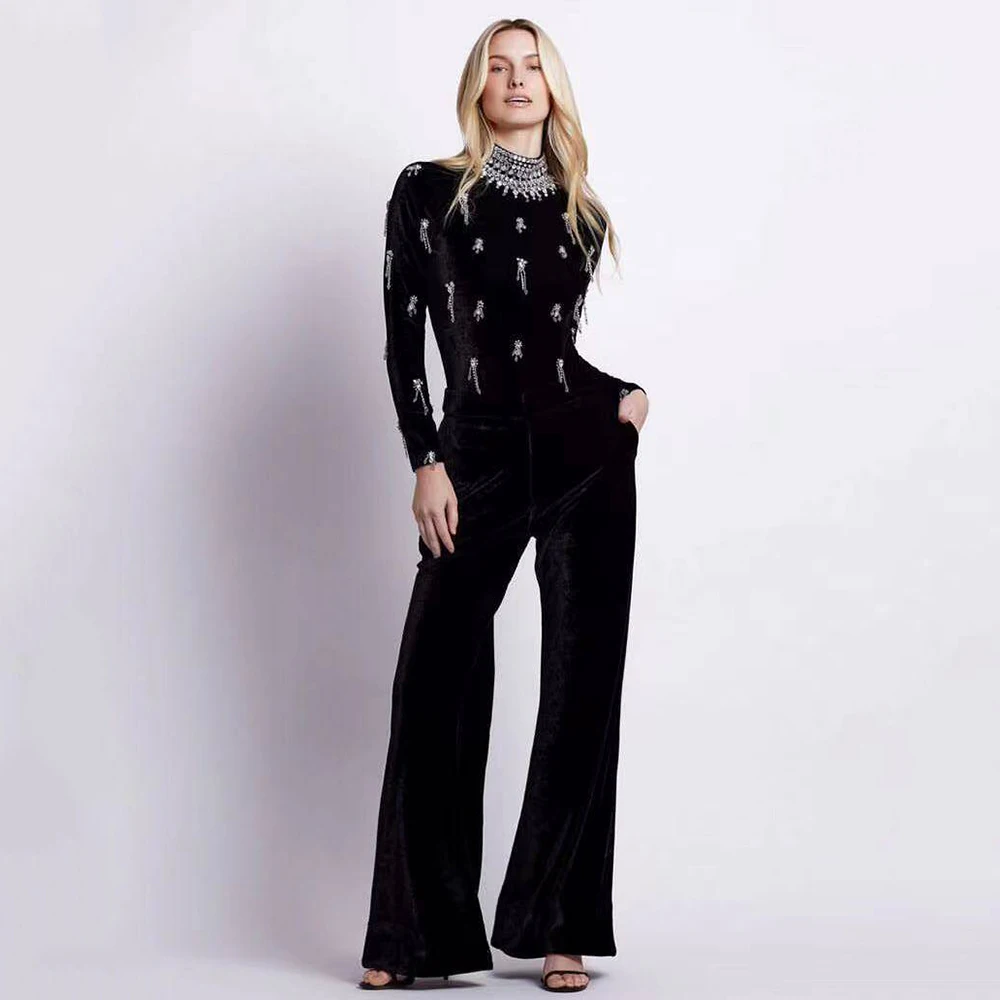 Women Bandage Jumpsuits 2024 New Fashion Beading Wide Leg Pants Long Sleeve Clothes Party Elegant Jumpsuits