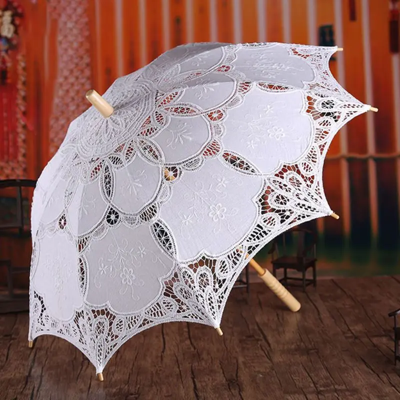 Womens Manual Opening Wedding Bridal Parasol Umbrella Hollow Out Embroidery Lace bridal lace parasol set