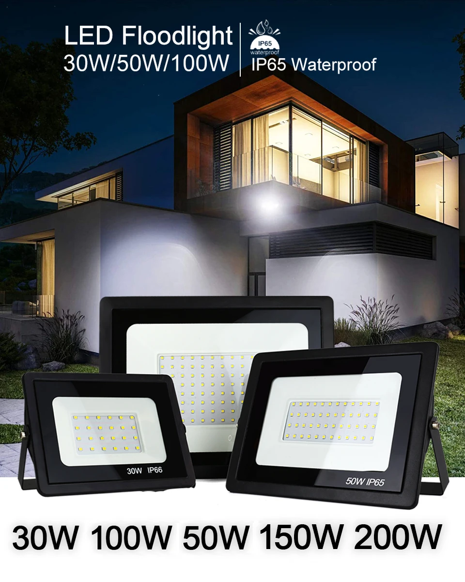 LED Flood Lights Outdoor Lighting 200W 150W 100W 50W AC 220V IP66 Waterproof Outdoor Garden Wall Lamps Projector LED Floodlight