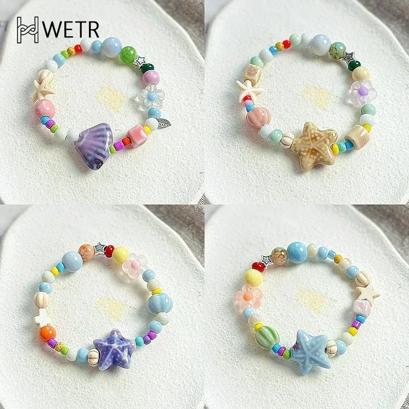 Bunte Keramik Shell Seestern Perlen Armband für Frauen Boho Fisch Perlen geflochtene Seil Kette Strand Party Schmuck