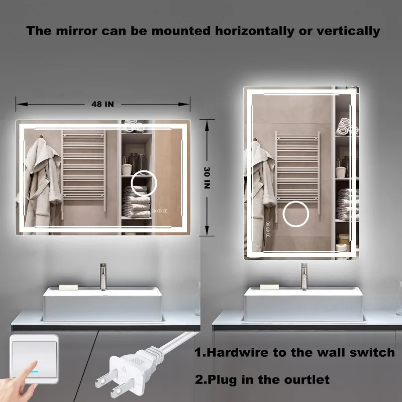 48''x30'' LED Bathroom Mirror with Built-in Bluetooth Speaker and 3X Magnifier -Smart Lighted Vanity Makeup Wall Mounted Mirrors