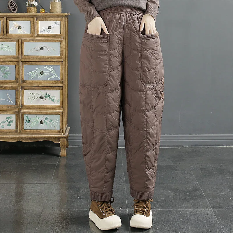 2023 New Lingge Down Cotton Pants for Women's Winter Art Retro Solid Color Casual Pants for Women