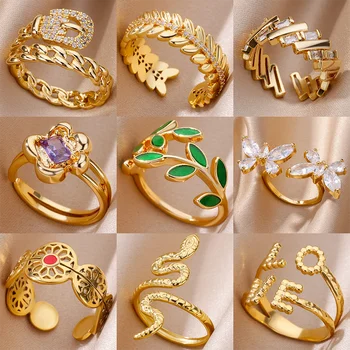 Zircon Rings for Women 18K Gold Color Jewelry Stainless Steel Fashion Accessories Irregular Flower Love Adjustable Couple Rings 1