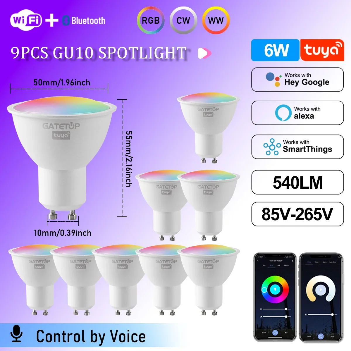 ตัวเลือกสินค้า หลอดไฟ LED สมาร์ท GU10 ควบคุมผ่านแอป ปรับความสว่างได้ 1-100%