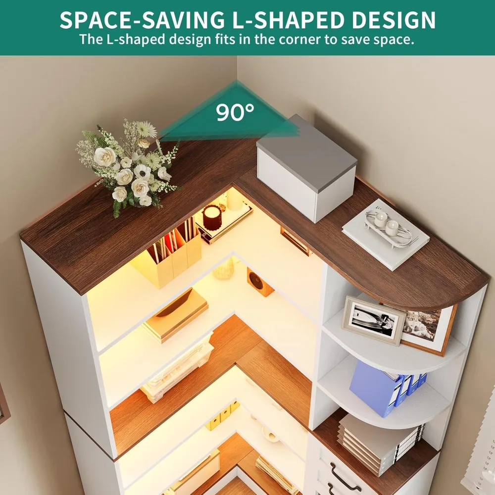 corner bookshelf with storage, farmhouse 6-tier bookshelf with drawers and cabinets, l-shaped bookcase led lights corner displa