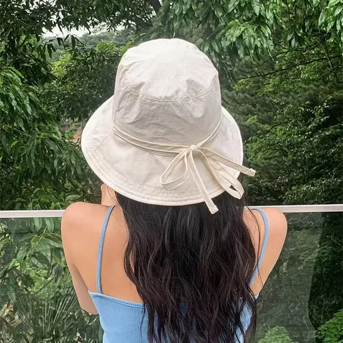 여성용 레이스업 어부 모자, 한국 인스 블로거, 경량 바람막이 로프, 자외선 차단 햇빛가리개 대야 모자, 태양 버킷 모자