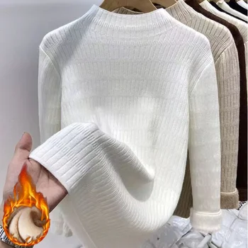 Women Winter 2025 Solid Base Layer Top Warm Knitted Turtleneck Sweater Korean Style Fleece Lined Long Sleeves Thick Pullover 45