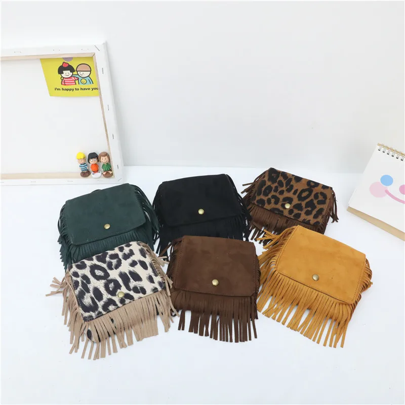 

Little Girls Fashionable Brown Leopard Shoulder Bag Kids Fringe Tassel Crossbody Purse Cute Baby Girls Suede Coin Purse