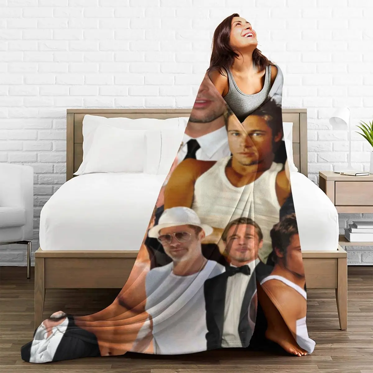 B-Brad Pitts Photo Blanket Actor Picnic Flannel Throw Blanket Warm Soft Outdoor Custom Bedspread Gift 3