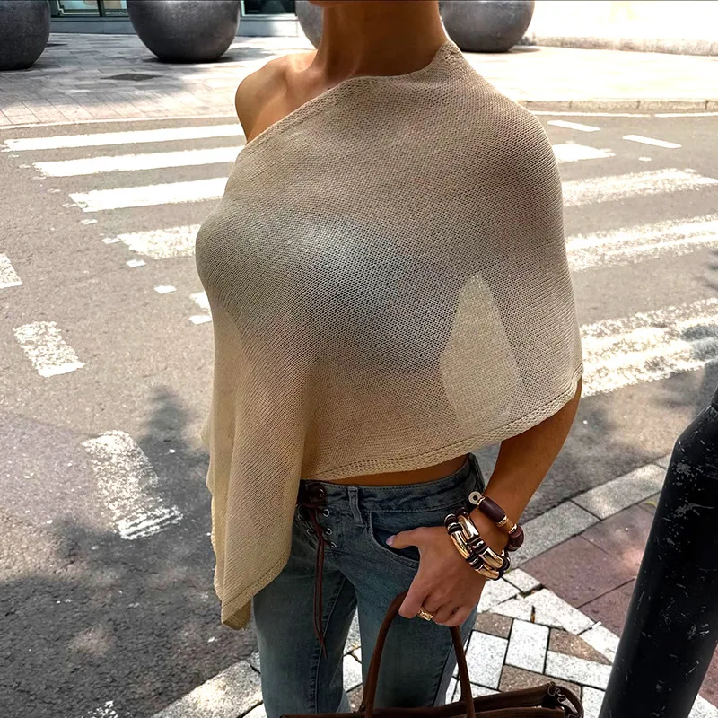 New Fashion Summer and Autumn Women's Solid Color Pullover Cape Elegant Retro Knitted Sweater Pullover Shirt
