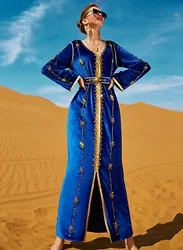 Vestido Sexy de terciopelo azul con diamantes de imitación cosidos a mano, vestido de noche de manga larga para fiesta, vestido francés Retro de lujo, novedad