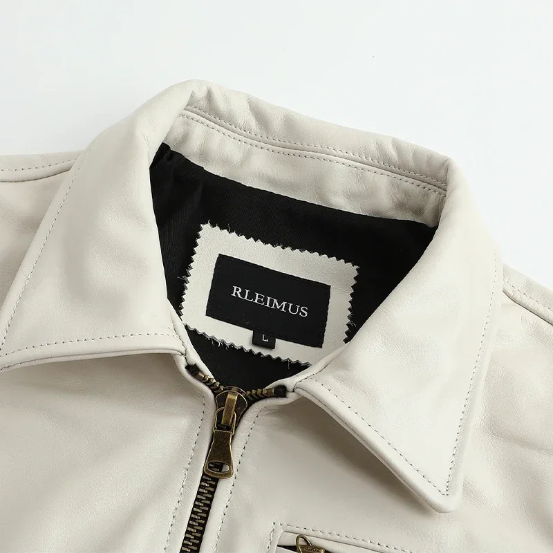 Men's Genuine Leather Jacket White Lapel Calfskin Jacket Natural Cowhide Men's Coat Slim Fit Top Layer Cowhide Biker Jacket - 5