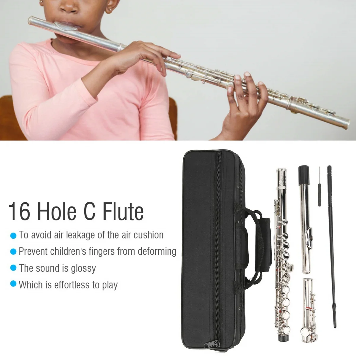 Miwayer 16 Closed Open Holes C Key Professional Transverse Flute Concert Musical Instrument with Box Cleaning Cloth Stick Glove woodwind flute