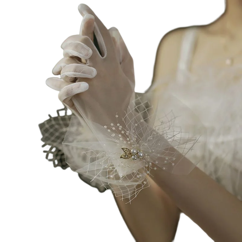 

Women's Short Tulle Bridal Wedding Party Gloves Vintage Pearls 2023 Transparent Tea party Prom Evening Gloves