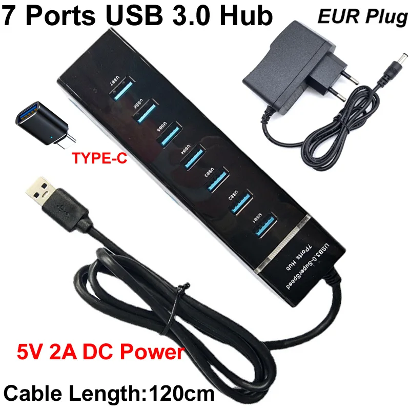 Velocidade Multi Adapter Expander Cabo Portas Usb 3.0 Hub Splitter 5v 2a ac dc Power Usb para Tipo-c 3.1plug 120 Centímetros em Alta - Imagem 4