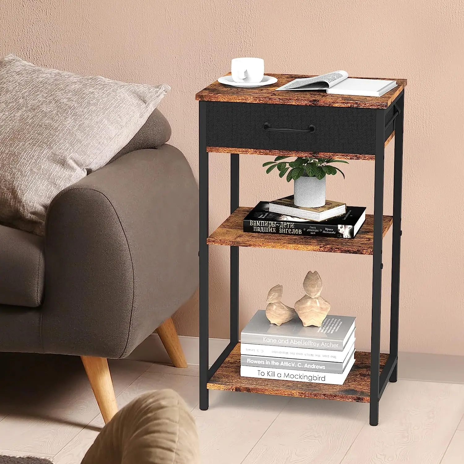 Printer Stand with Storage Bag Under Desk Printer Table on Wheels 2 Tier Small Desktop Rolling Stand Shelf (Brown)