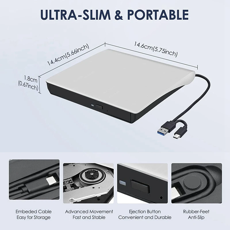 M16K-External CD DVD +/-RW Drive, USB 3.0 & USB-C Portable CD & DVD ROM Burner Player Reader Writer Rewriter Disc Drive