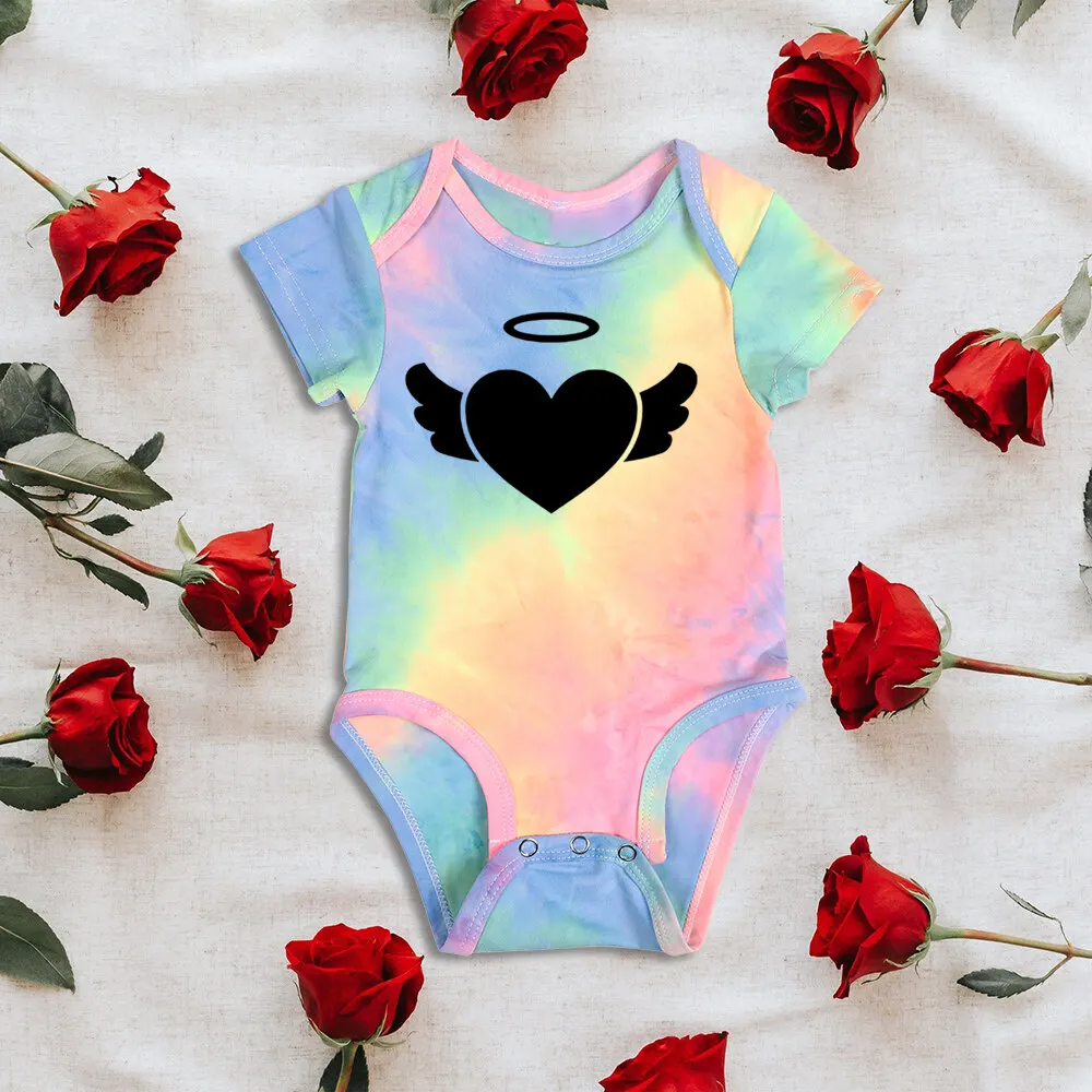 

Cute Baby Girls Heart Pattern Print Tie Dye Jumpsuit Short Sleeve Round Neck Romper Soft Comfy Bodysuit Perfect Gift for Summer