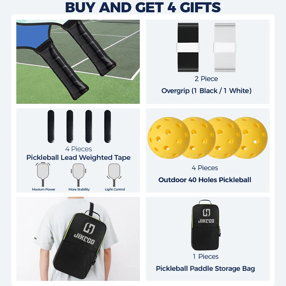 JIKEGO Racket Men Women Professional Pickle Ball Paddles Lead Tape Cover Carbon Fiber Pickleball Paddle Sets Racquet 16MM