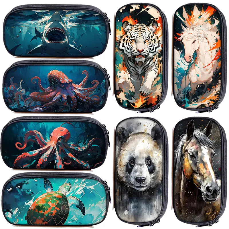 

Cute Animal Watercolor Painting Makeup Bag Tiger Horse Pencil Bag Owl/Wolf/Elephant Cosmetic Cases Panda Pencil Cases Pencil Box