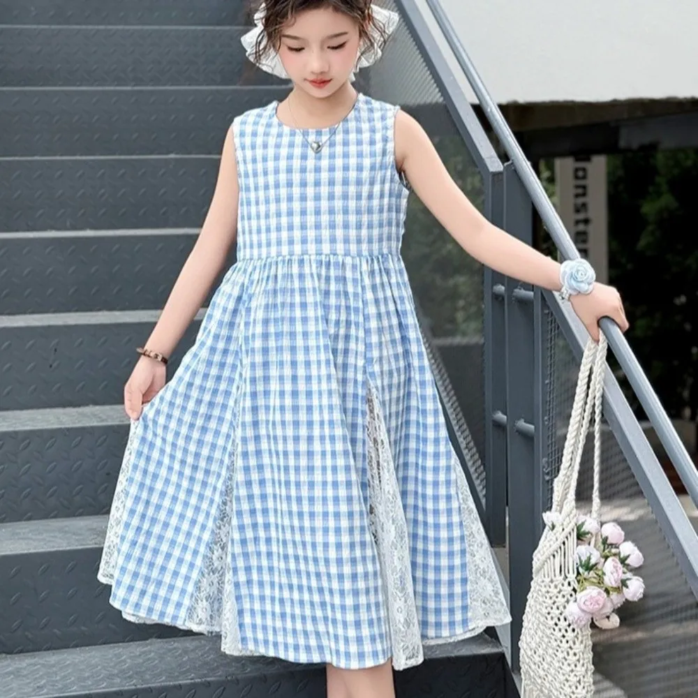 Round Neck Children Plaid Dress Sleeveless Princess Kids Grid Long Dress Long Casual Girls Patchwork Skirt Spring Summer