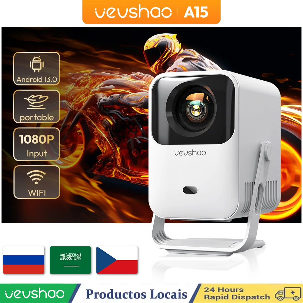 VEVSHAO A15 Projector, Smart Portable Android 13 Dual WiFi Auto Keystone Focus Pocket Beamer for Home Meeting Video Cinema