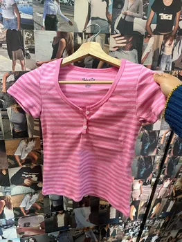 Pink Striped Slim Buttons T-shirts Women New Cotton O-neck Casual Simple Basic Short Sleeve Tees Sweet Cute Girls Tshirt Y2K Top 1