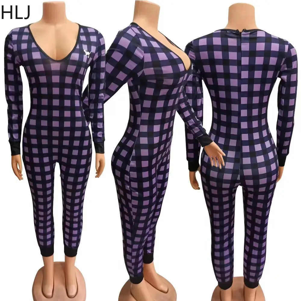 HLJ Sexy Plaid Printing Embroidery Bodycon Jumpsuits Women V Neck Long Sleeve Slim Playsuits Female Party Club One Piece Overall
