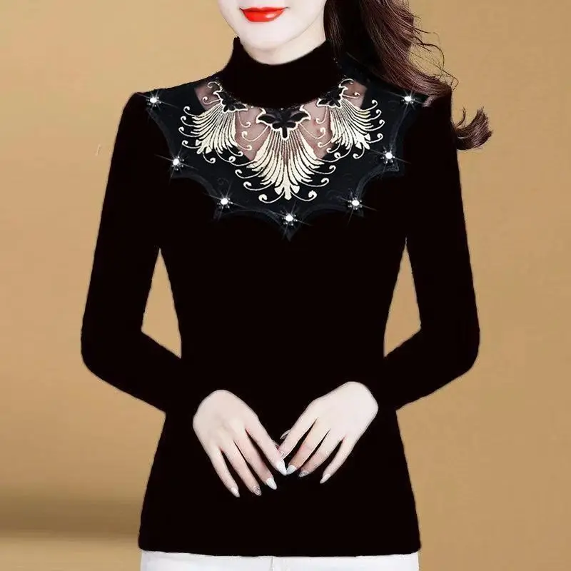 

Thin/Thick Autumn/winter New Black Mesh Bottoming Shirt Women Long Sleeved T-shirt Solid Color Pullovers Top