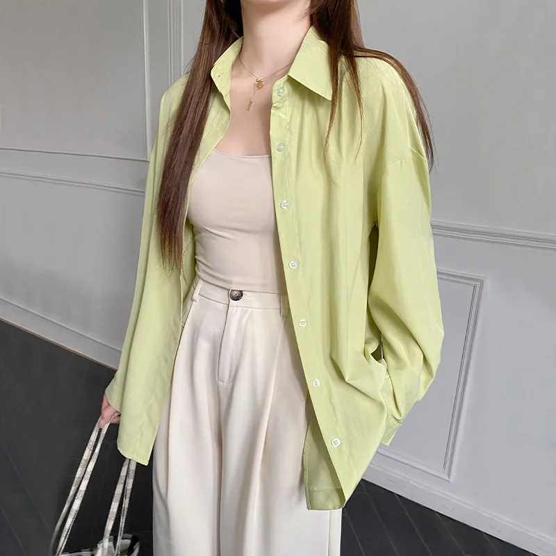 DAYIFUN 2024 Lapel Shirts Women New Solid Color Loose Medium Length BF Blouses Lazy Style Long Sleeved Blusas Coats Female Tops
