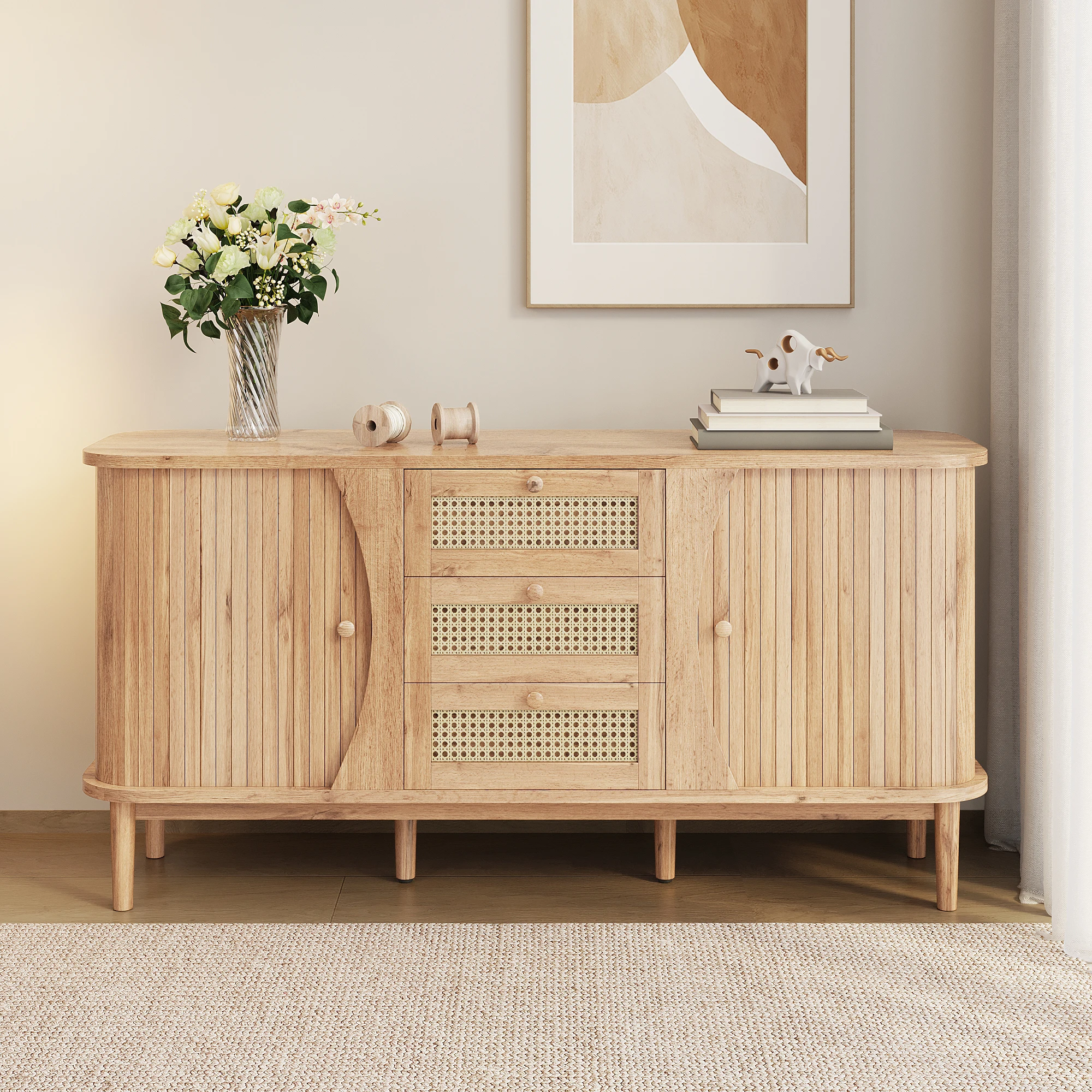 PINGGO Rattan-Kommode mit Schiebetüren, verstellbaren Einsätzen und abgerundeter Platte, Sideboard zur Aufbewahrung im Schlafzimmer – Detail 3