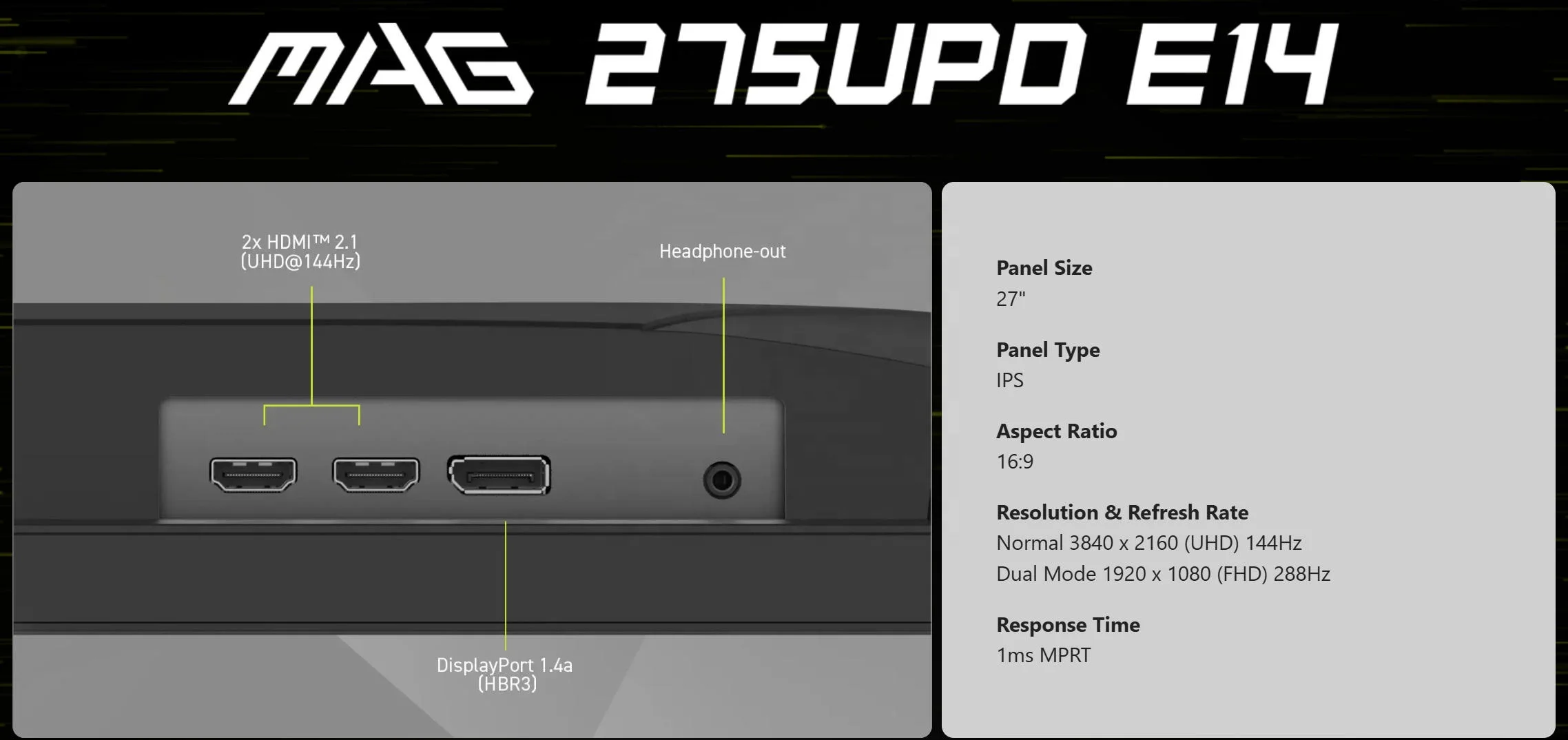새로운 MAG 275UPD E14 27인치 IPS 스크린 AI 듀얼 모드 4K 144Hz & FHD 288Hz 1ms 스피커 내장 인체공학적 스탠드 게이밍 모니터 (PC용)