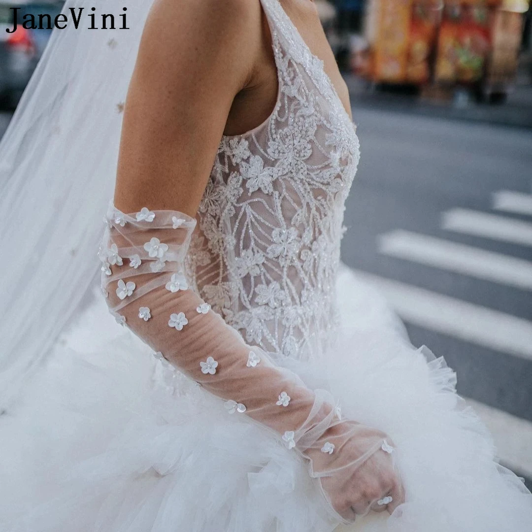 JaneVini Sexy Sheer Bride Gloves Pearls Flowers Transparent Tulle Bridal Party Wedding Gloves Elbow Length Guantes Transparentes