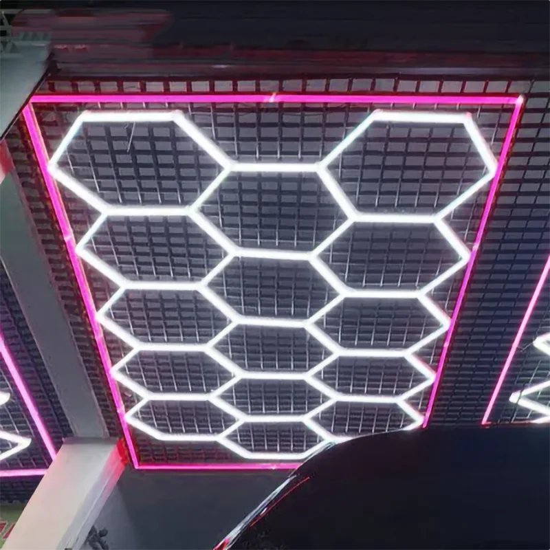 Pink Outframe Led Hexagonal Light One-Step Connection High Flux Car Showroom Auto Workshop Designed