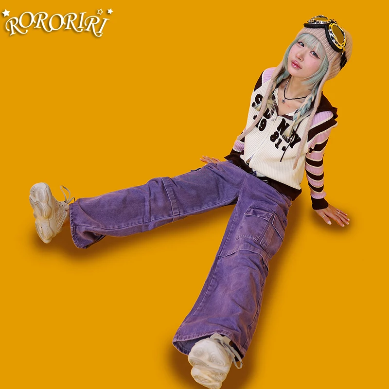 

RORORIRI Multi-pocket Cargo Baggy Jeans Women Elastic Waist Wide Leg Denim Pants Purple Skater Trousers Vintage Y2k Streetwear