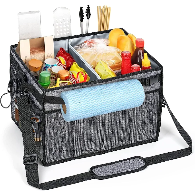 

Grill Caddy with Paper Towel Holder Picnic Basket BBQ Organizer for Utensil Plate Collapsible Caddy Outdoor Camping Travel Car