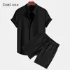 Mens Casual Knitted Two Piece Sets 2024 America and Europe Notched Blouse and Light Blue Shorts Suit Male Beach Tracksuits Set 2