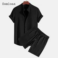 Mens Casual Knitted Two Piece Sets 2024 America and Europe Notched Blouse and Light Blue Shorts Suit Male Beach Tracksuits Set 2