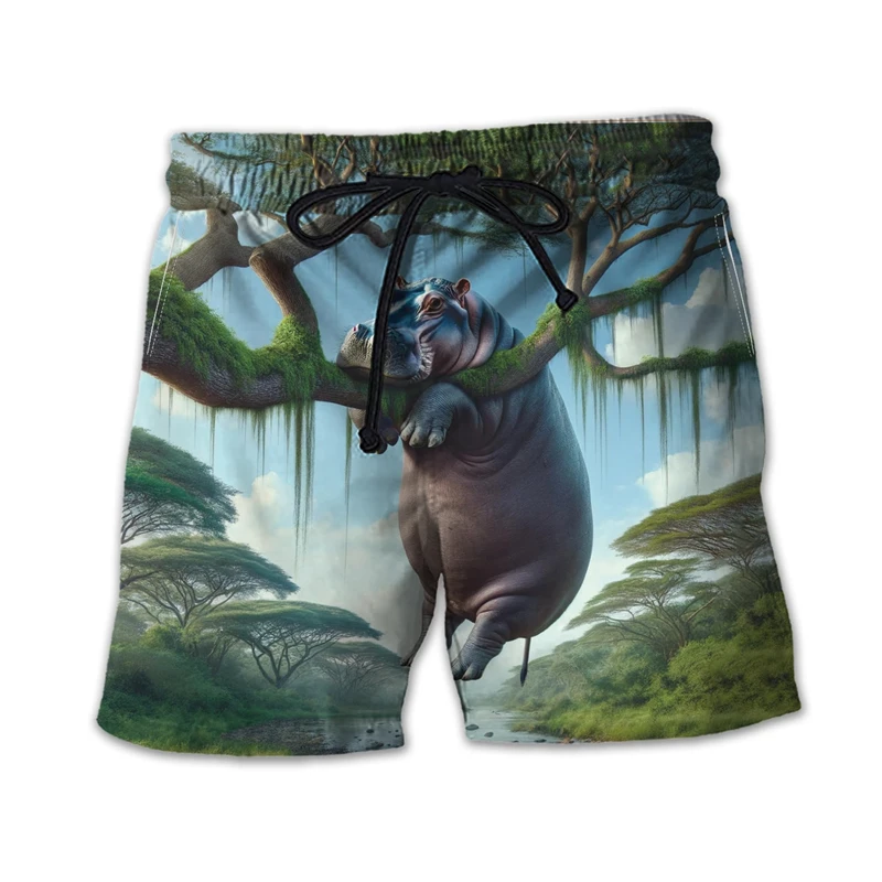 Funny Hippo Graphic Beach Shorts Fashion Summer Vacation 3D Animals Printed Hawaiian Short Pants Loose Holiday Mens Swim Trunks 2