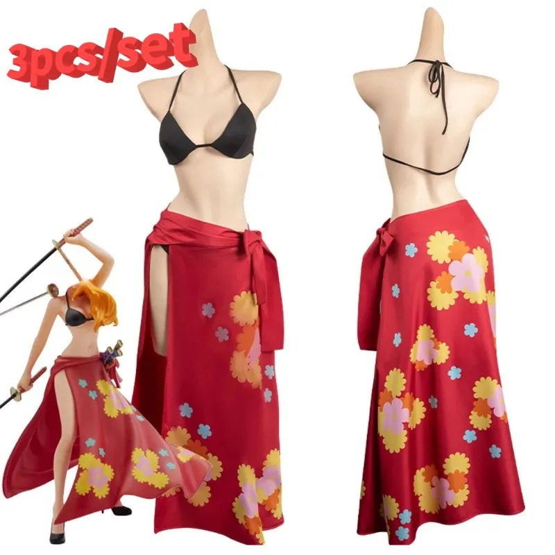 

3pcs/set Anime One Cos Piece Fantsia Role Playing Outfits Halloween Carnival Disguise Nami Cosplay Women Swimwear Skirt Costume