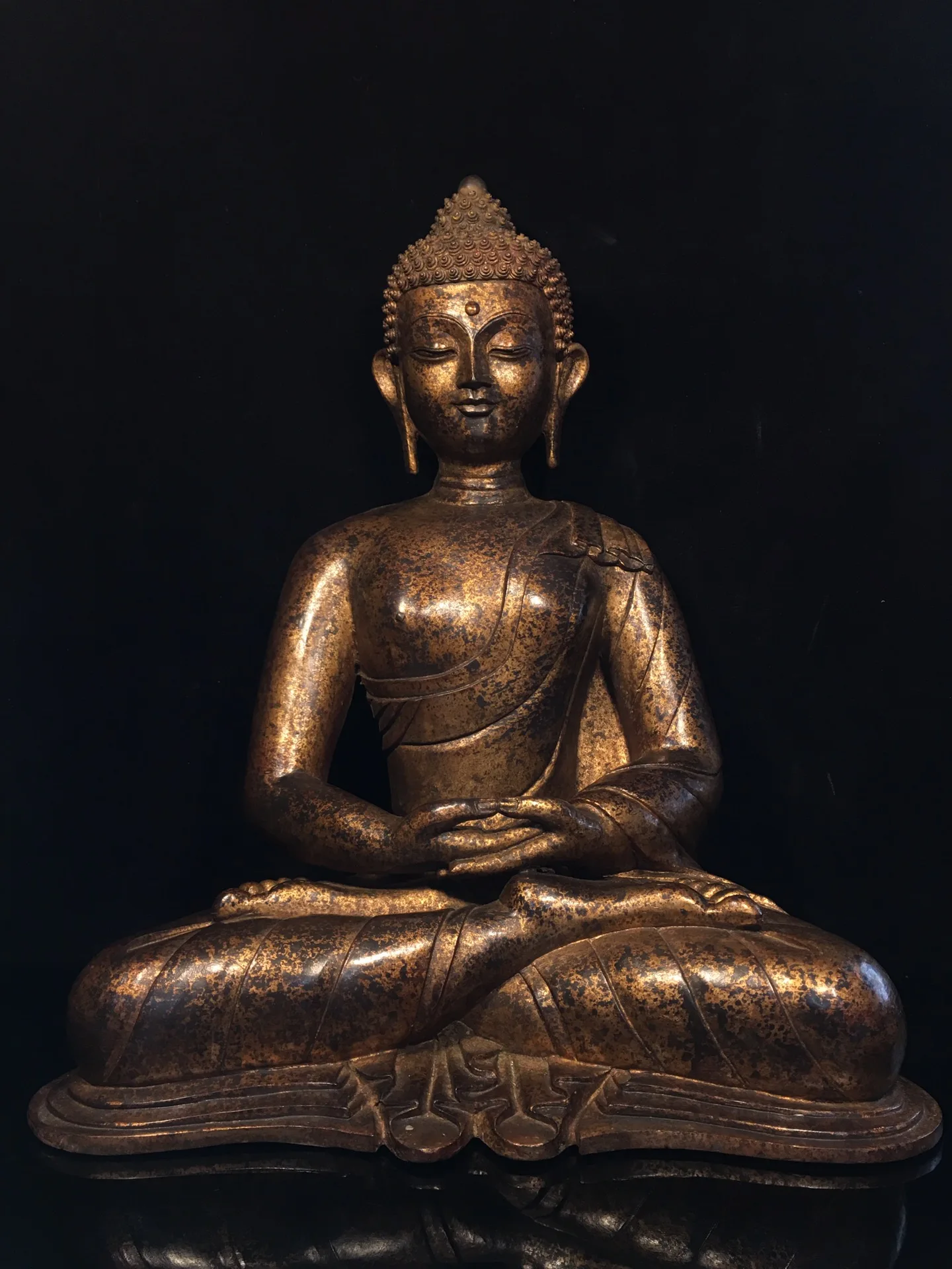 

19"Tibetan Temple Collection Old Bronze Cinnabar Mud gold Shakyamuni Sitting Buddha lotus platform Amitabha Worship Hall