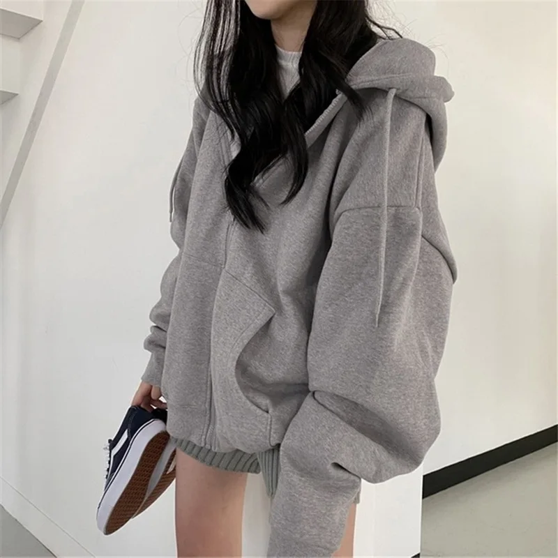Women'S Solid Color Hoodies Autumn Winter Loose Hooded Jackets Coat Y2k Harajuku Zip Up Cardigan Casual Long Sleeve Sweatshirt