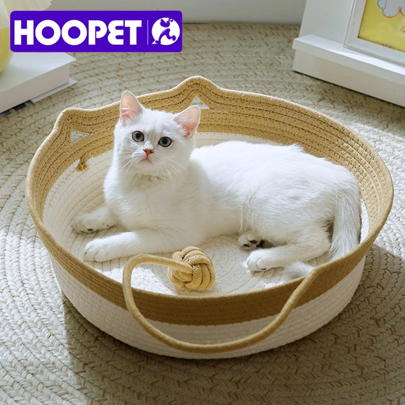 

HOOPET Cat Bed Round Hand Woven Rattan Pet Nest Summer Cooling Kitten Basket Cotton Rope Cat Scratching Baskets Pet Supplies