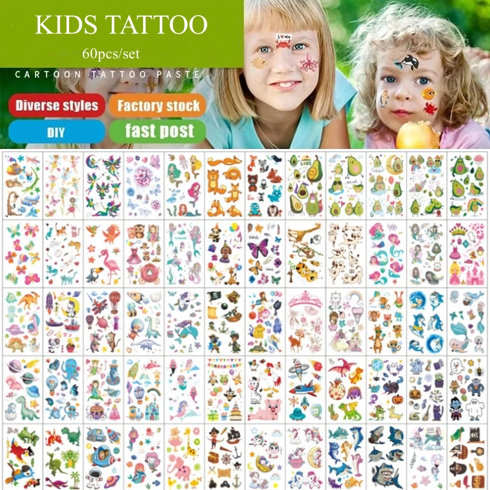 

60 шт./набор, Детские Временные татуировки с единорогом, русалочкой, динозавром