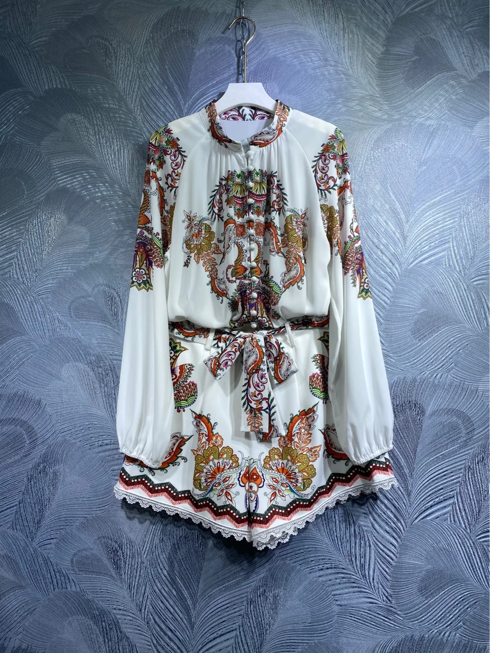 

2023 Spring Europe Style Women's Suit High Quality Floral Print Vintage Shirt + Shorts Two Piece Set C503