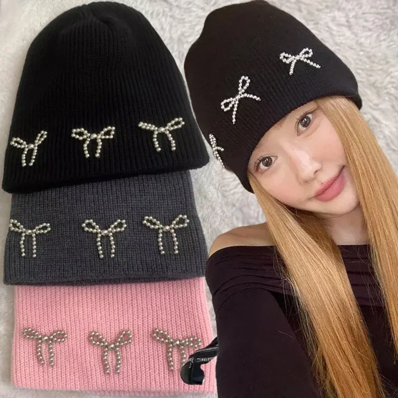 Korea Ins Bowknot Pearl Knitted Hats Angora Rabbit Fur Y2K Winter Hat Women Girls Fluffy Warm Beanies Plush Thick Skullies Caps 2