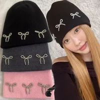 Korea Ins Bowknot Pearl Knitted Hats Angora Rabbit Fur Y2K Winter Hat Women Girls Fluffy Warm Beanies Plush Thick Skullies Caps 2