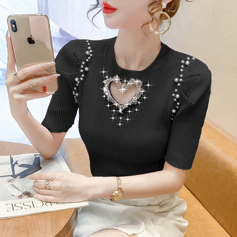 Summer Elegant Diamond Pearl Beading Short Pullover Sweater Fashion Thin Elastic Knitted Puff Short Sleeve O-Neck Knitwear