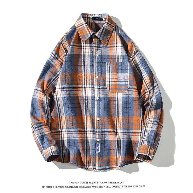 

Streetwear Mens Shirts Plaid Casual Long Sleeve Vintage Loose Shirts