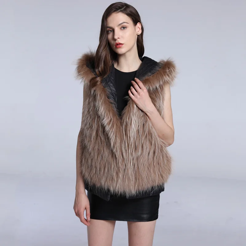 Raccoon Fur Hooded Coat for Women Medium Length Vest for Autumn and Winter Keeping Warm